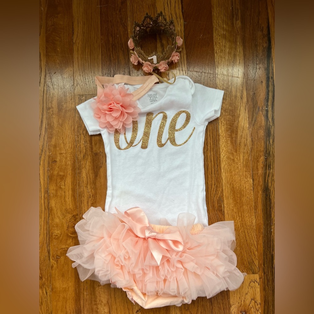 First birthday outfit and crown. Bodysuit, skirt, headband and crown